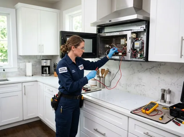 Appliance Repair Hero technician testing an over-the-range microwave in a Arrington, TN kitchen
